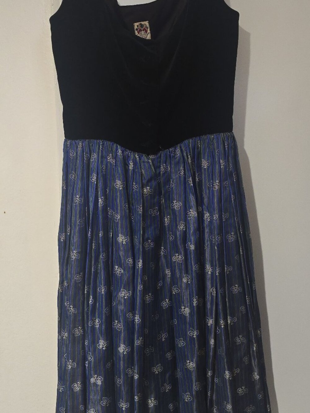 Vintage Lanz Original Black Velvet Blue Floral Taffeta Party Dress